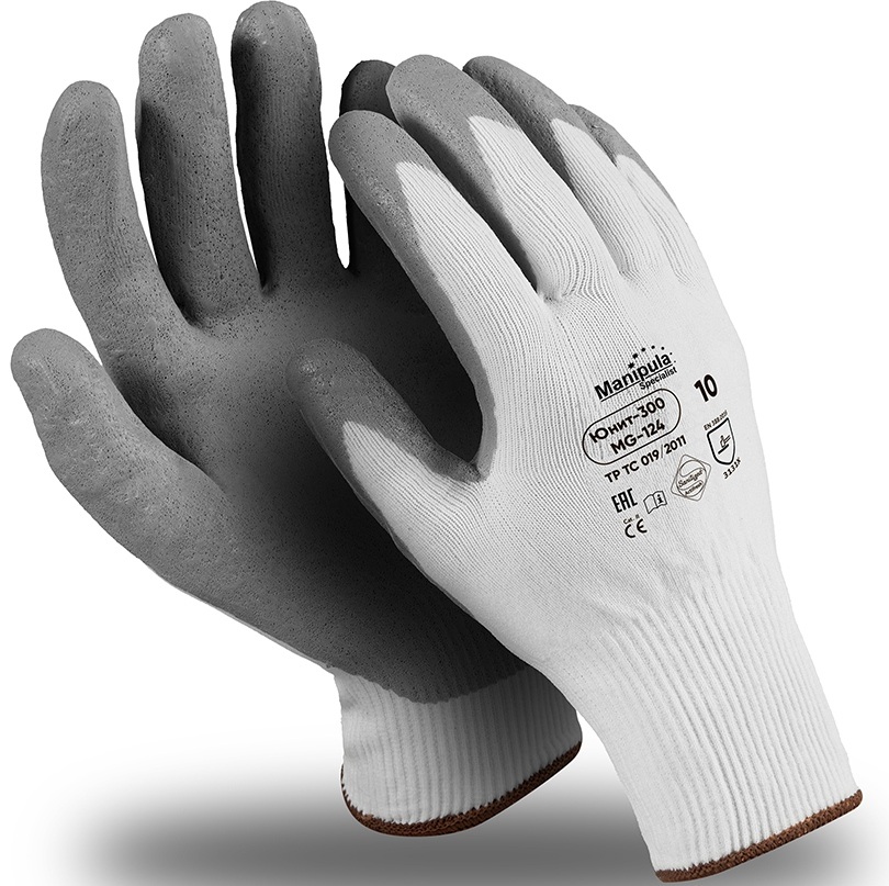 Перчатки ЮНИТ-300 (MG-124), нейлон, нитрил частичный, оверлок, цвет бело-серый